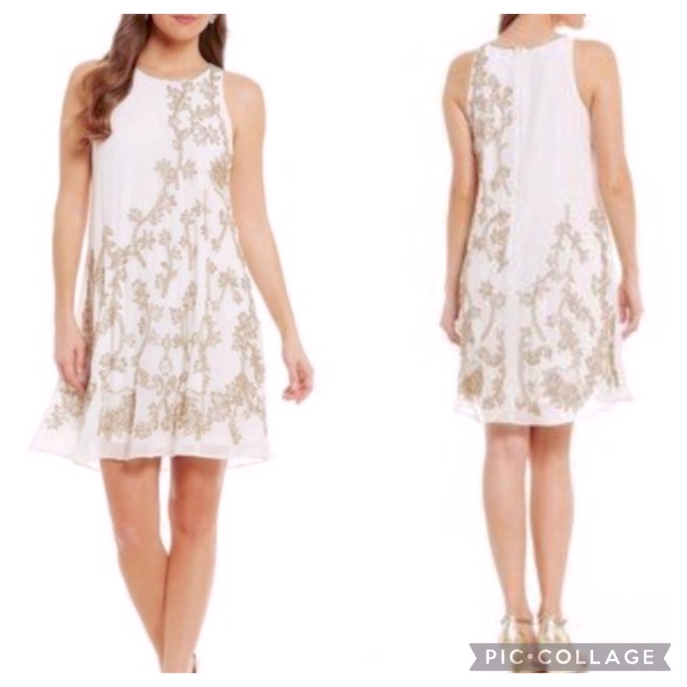 Badgley Mischka white with pearls sleeveless cocktail dress